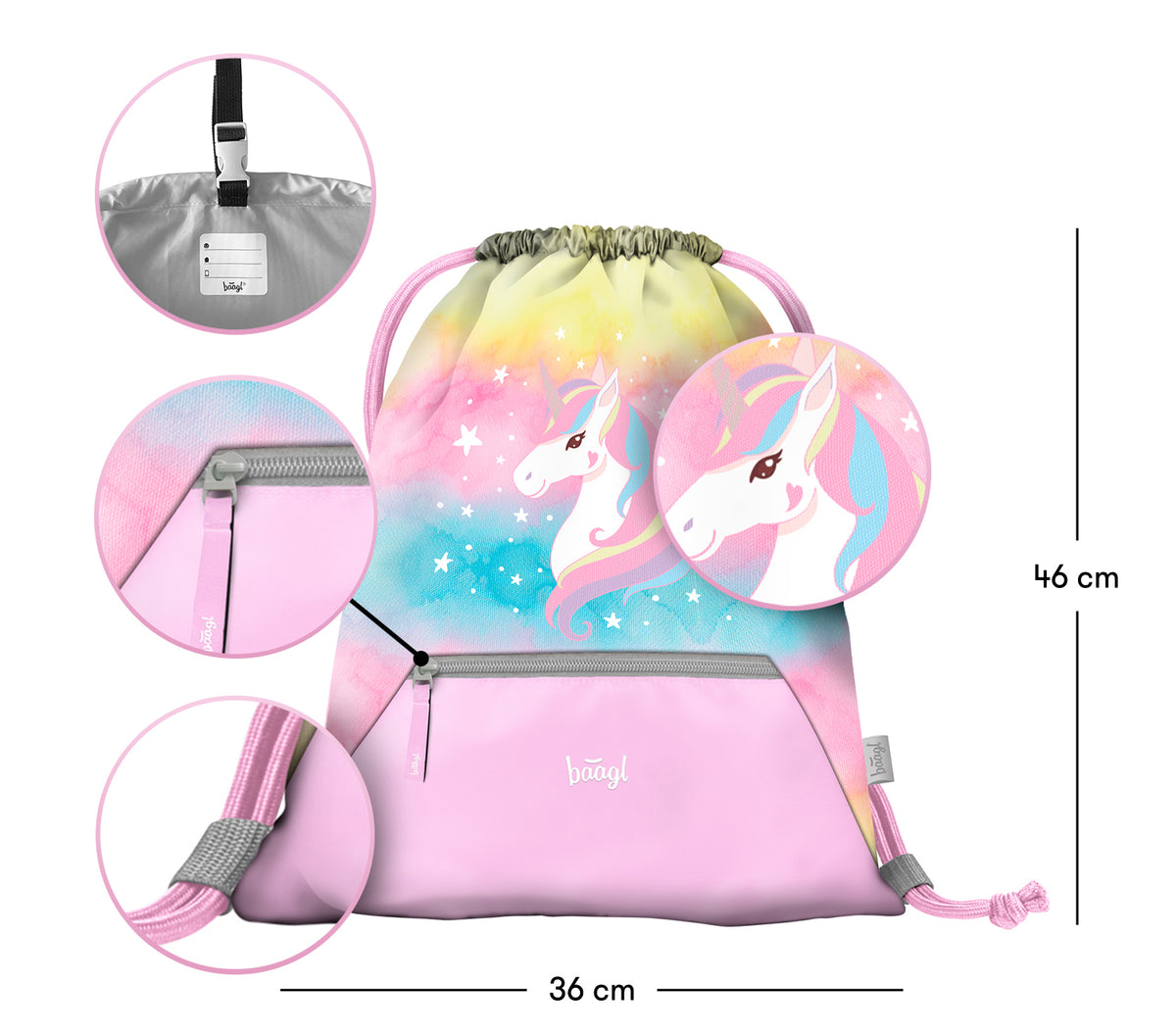 Sacca da ginnastica con tasca con cerniera Rainbow Unicorn